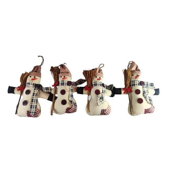 (4) Handmade Snowman Christmas Ornaments With Plaid Scarves Button & Broomsticks - Picture 1 of 8
